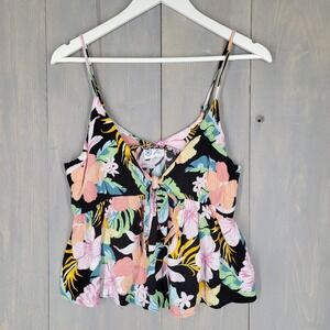 Hurley Floral Cami Top Women Medium Black Tropical Tie Front Babydoll Y2K